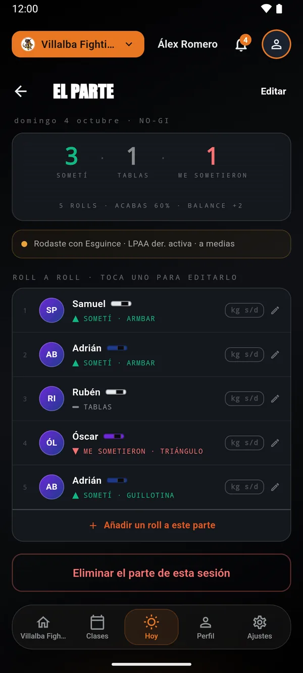 El parte de la NO-GI del 4 de octubre, roll a roll: con quién, cómo acabó y con qué técnica.