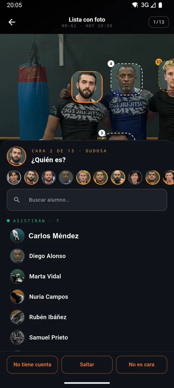 Lista con foto de la NO-GI: la cara 2 de 13 en su recuadro y debajo los alumnos que dijeron que venían, para tocar su nombre.