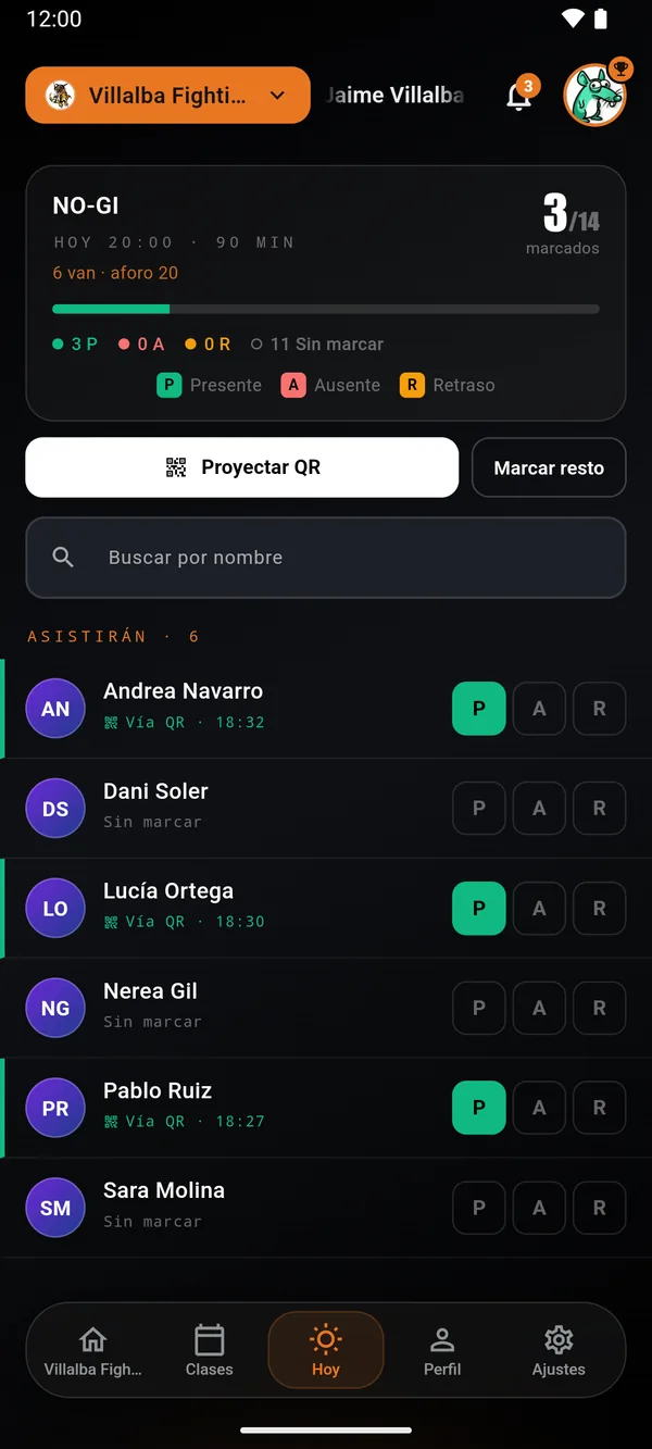 Pasar lista de la NO-GI: Andrea, Lucía y Pablo ya están marcados «Vía QR».