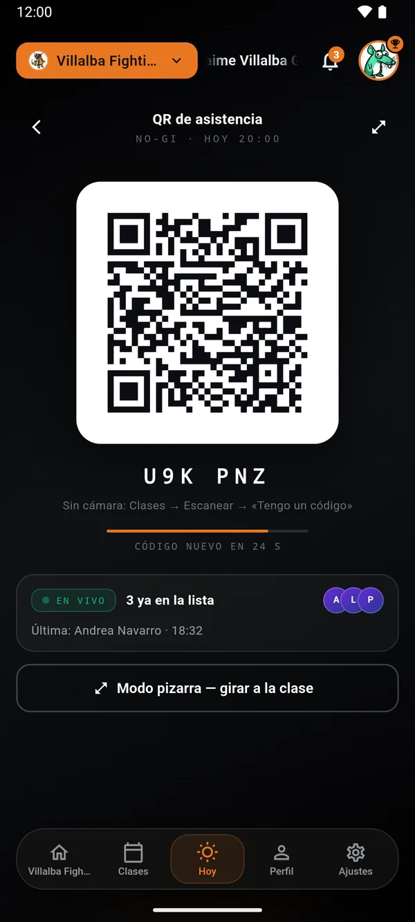 QR de asistencia de la clase NO-GI: el código, el código corto U9K PNZ y la lista en vivo con 3 dentro.