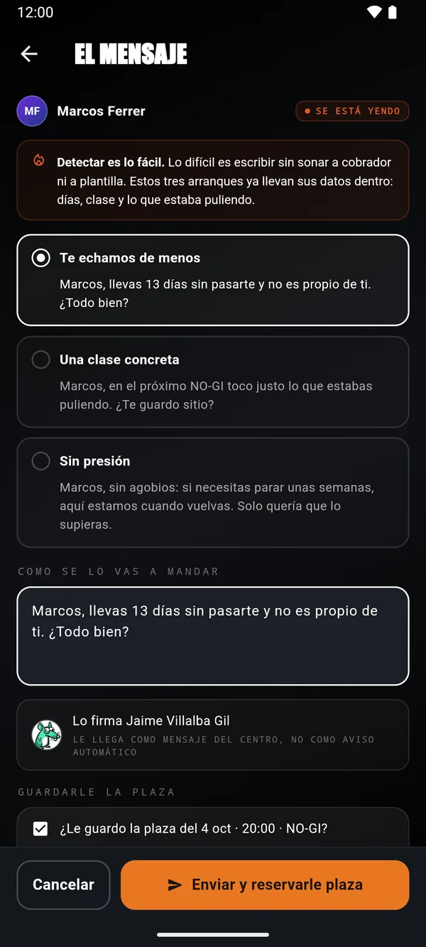 Con la plaza marcada, el botón pasa a «Enviar y reservarle plaza».
