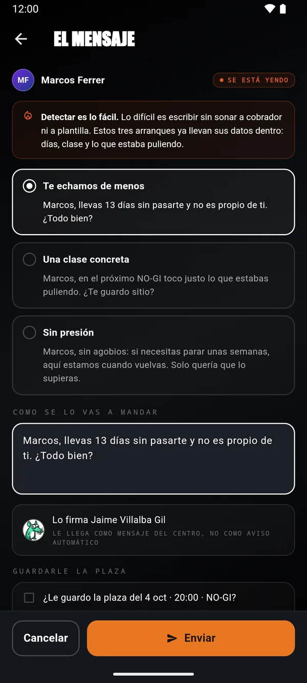 El mensaje a Marcos: tres plantillas con sus datos y «¿Le guardo la plaza?».