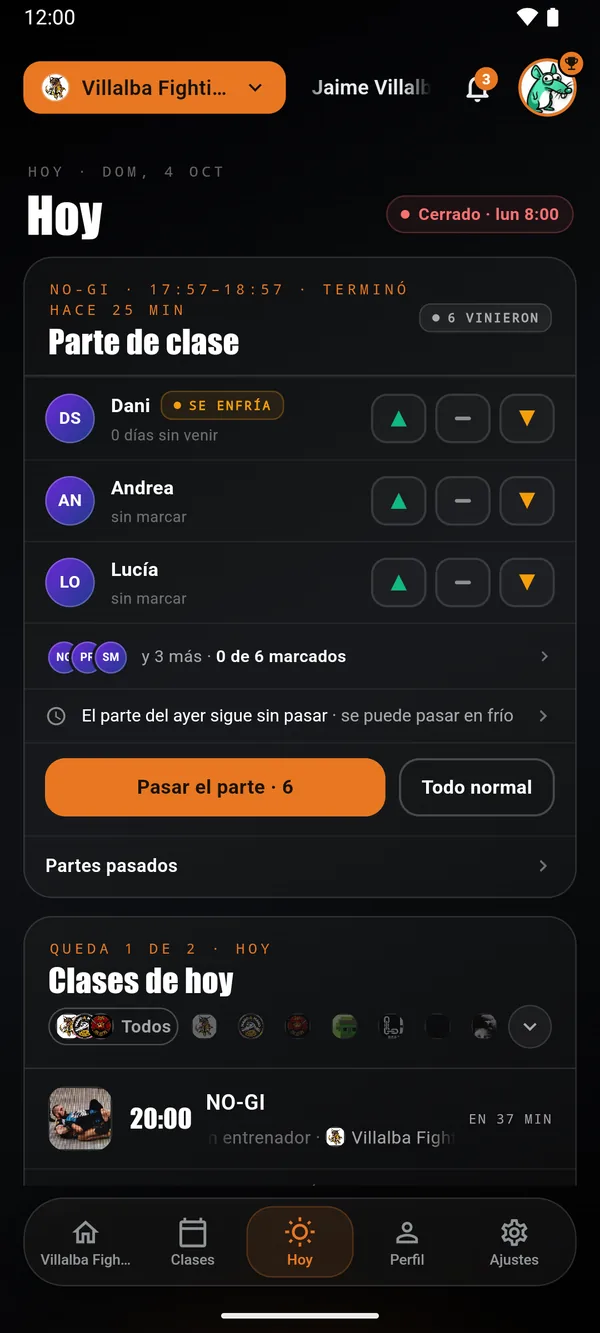 La pestaña Hoy con la tarjeta «Parte de clase» de la NO-GI que acaba de terminar.