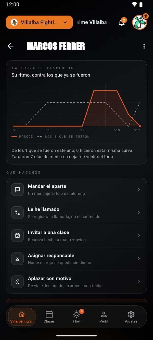 «Qué hacemos»: mandar el aparte, apuntar una llamada, invitar a una clase, asignar responsable o aplazar.