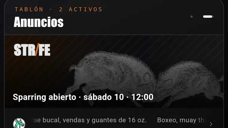 El tablón en Inicio: «Sparring abierto · sábado 10 · 12:00».