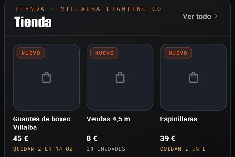 El escaparate de la tienda en Inicio: guantes de boxeo, vendas y espinilleras con su stock.